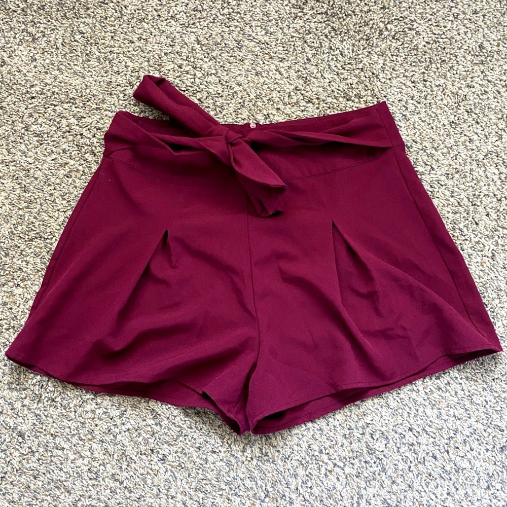 Haute Monde Shorts Women‎ Large Burgundy Tie Waist Pleated High Rise Dressy